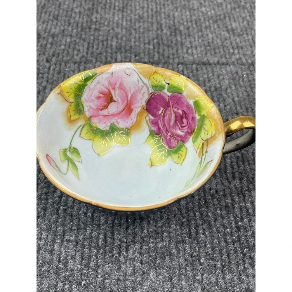 VTG. Merit Occupied Japan Tea Cup Black Polka Dot Pink Rose Gold Gilt Porcelain